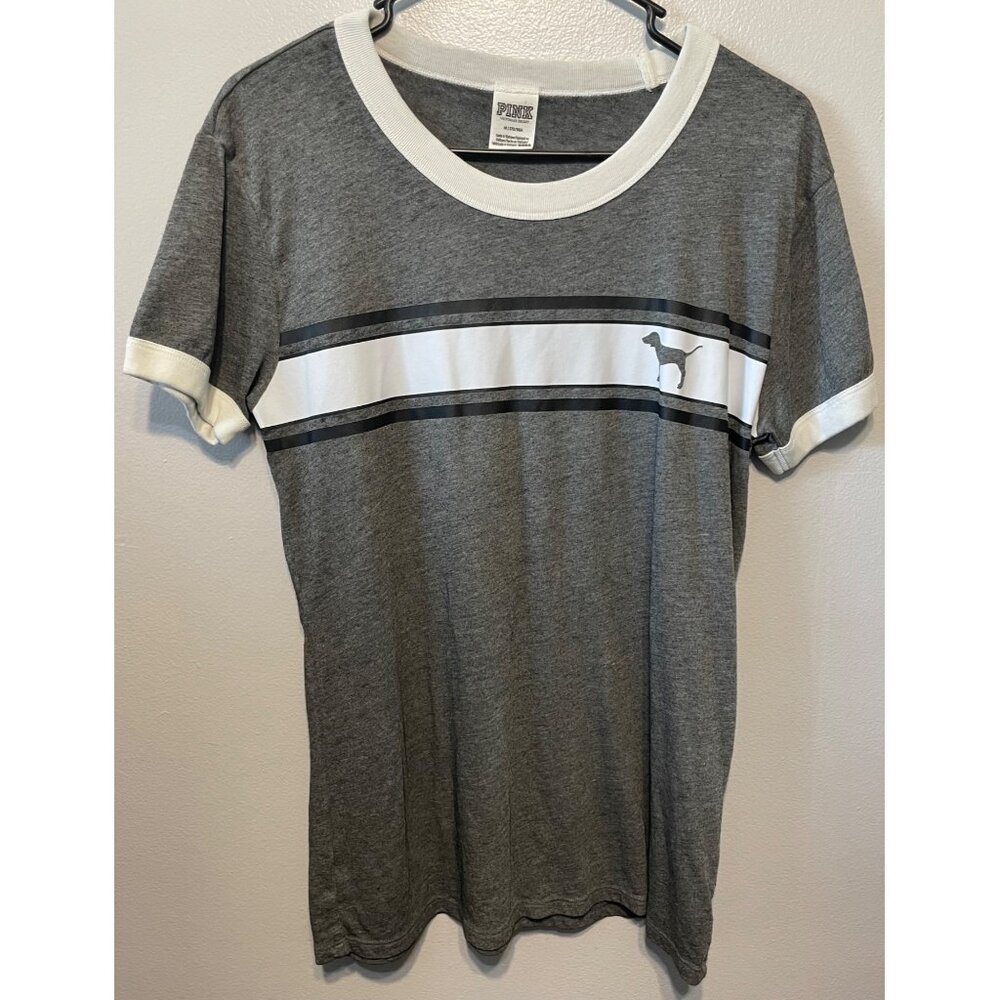 Victoria’s Secret PINK Gray Ringer Tee with Dog Logo – Size Medium